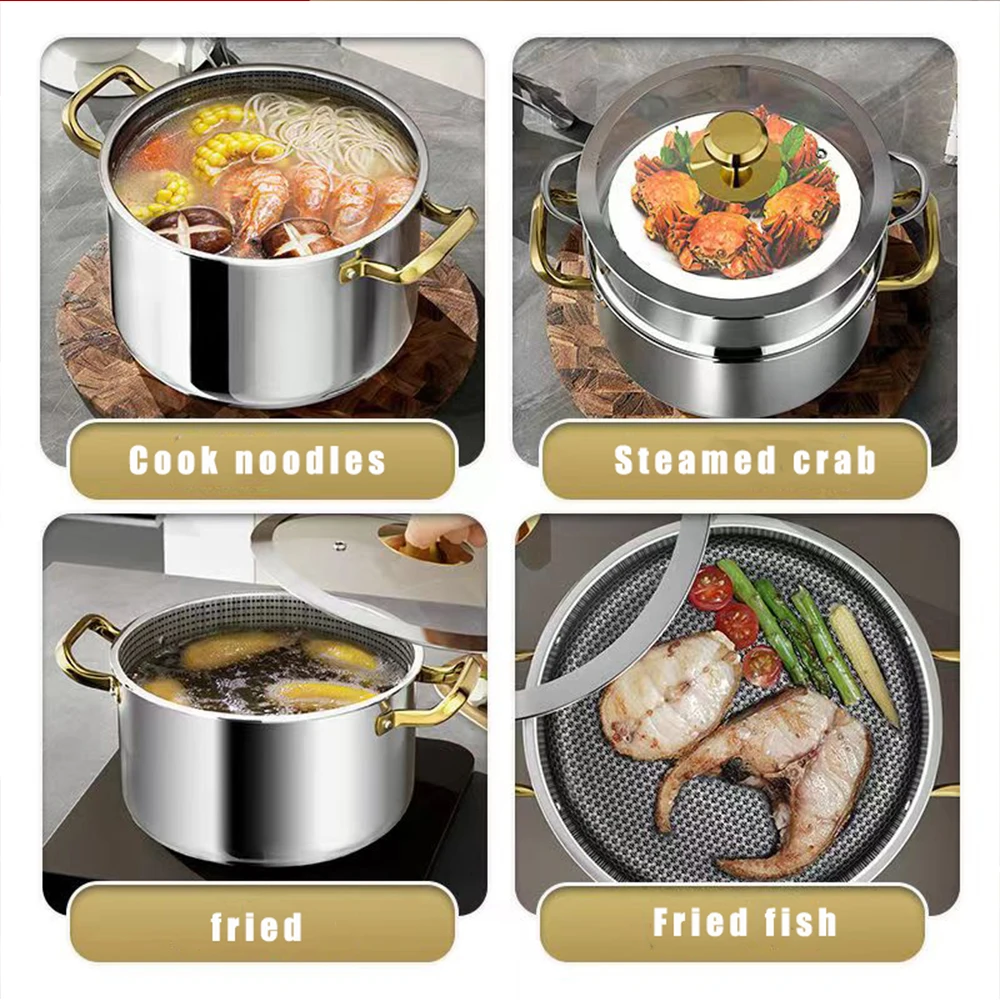 Casserole en acier inoxydable de 24 cm, revêtement antiadhésif alvéolé, avec couvercle, compatible avec les plaques à induction et à gaz.