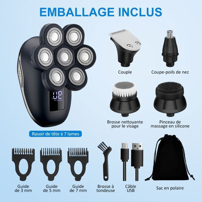 Barbeador Elétrico Masculino - Barbeador sem fio 5 em 1 para cabeças calvas com visor LED - IPX7 100% à prova d'água para uso seco e molhado