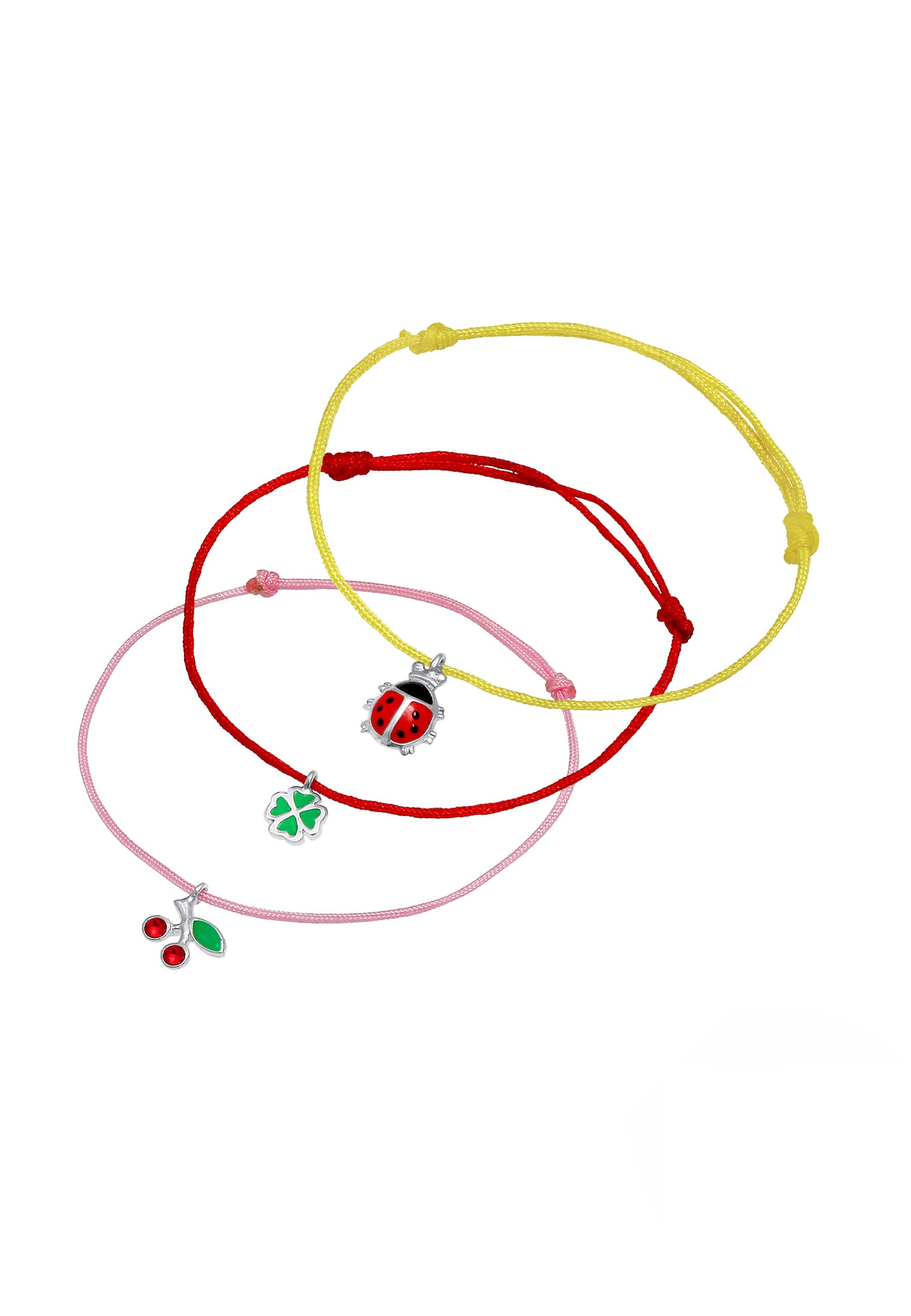 Elli Ensemble pour enfants coccinelle Clover Leaf Cherry Set Cute Colorful Adjustable with Enamel and Crystals in 925 Sterling Silver