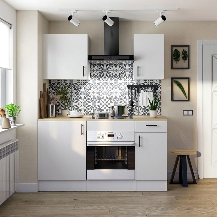Kitchen base cabinet with worktop for oven, glossy white/Canadian oak finish