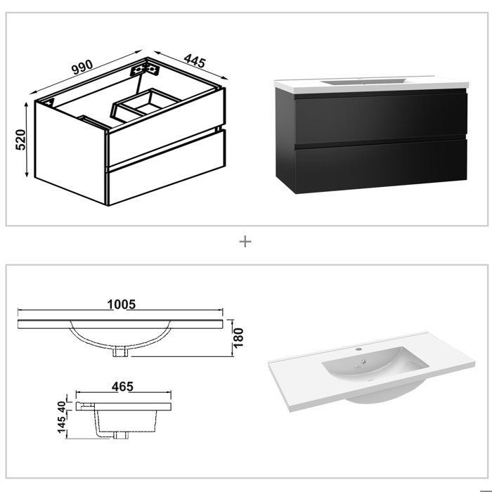AICA 100cm Gloss Black Bathroom Vanity Unit with 2 Soft-Close Drawers and Single Ceramic Basin