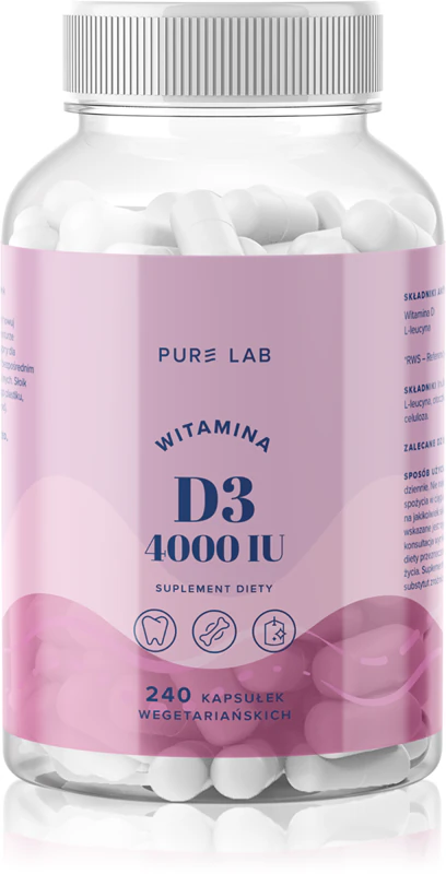 Cápsulas de suplemento alimentar de vitamina D3 4000 UI da Aura Herbals Pure Lab para o bom funcionamento do sistema imunológico, saúde óssea e função muscular.