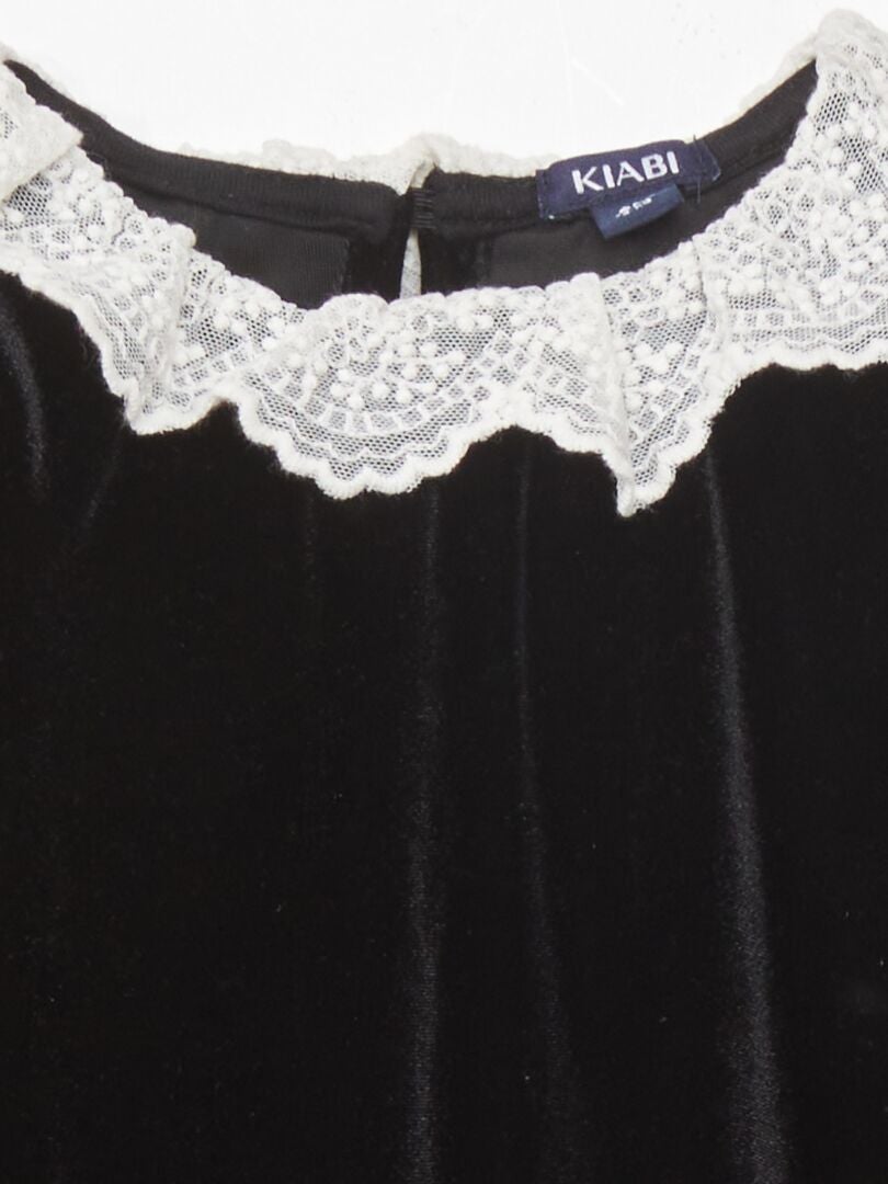 Vestido de veludo com gola de tule bordada - preto