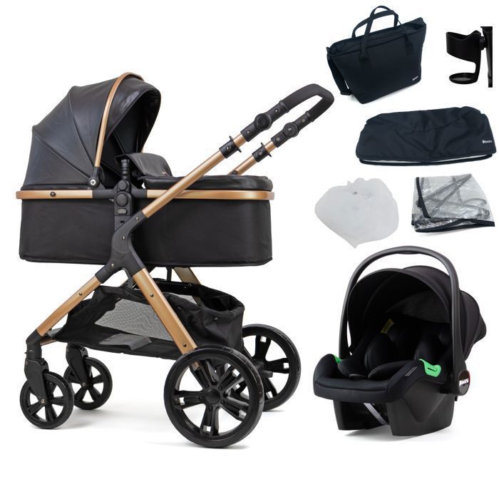 Poussette 3 en 1 Pixini Arizona - Jusqu'à 22 kg - Pack poussette, Nacelle, Siège auto, sac et nombreux accessoires - Noir/Or