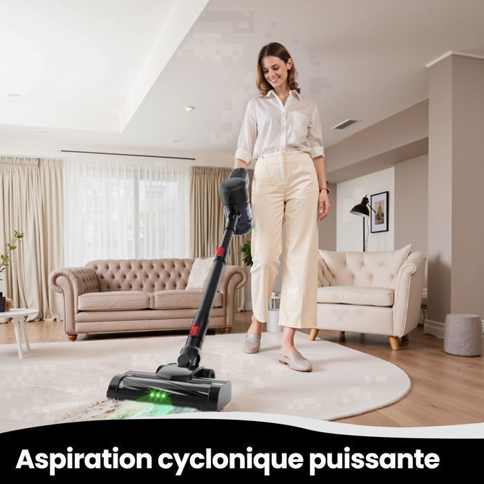 Aspirateur Balai Sans Fil Lamzien V8 - 30000PA/40min - HEPA Filtration Efficace -silencieux - léger - Lumière Verte