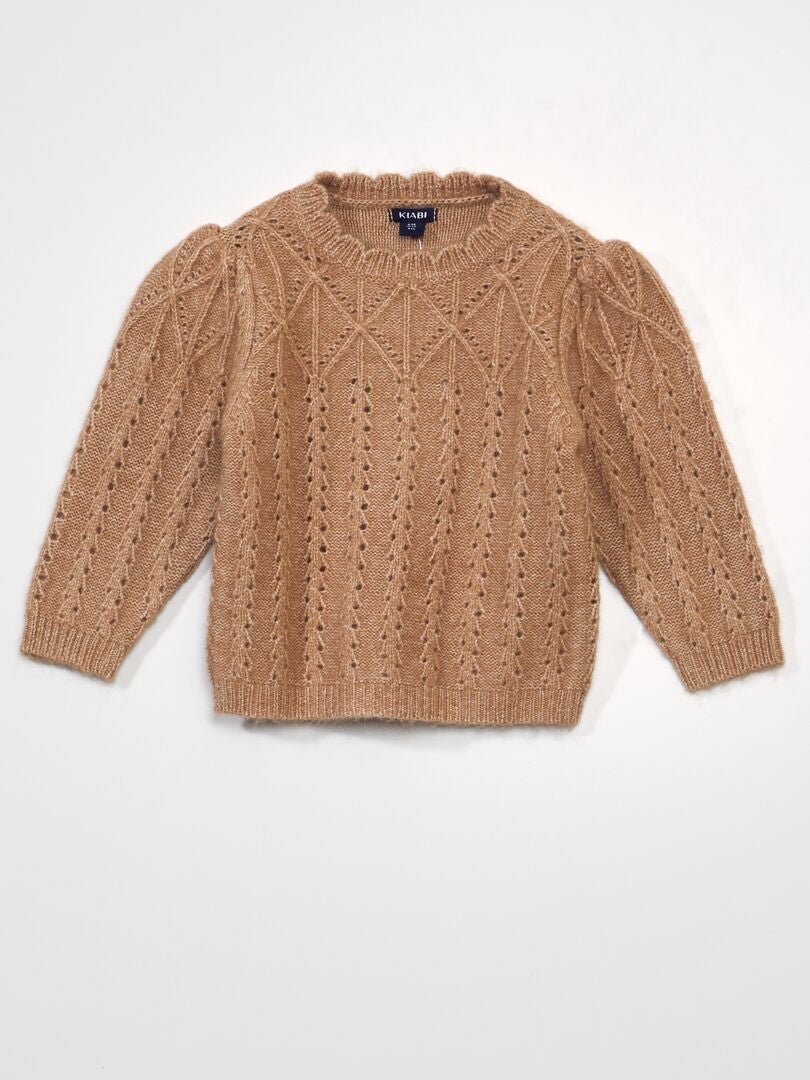Sweter z ażurową dzianiną - BRĄZOWY