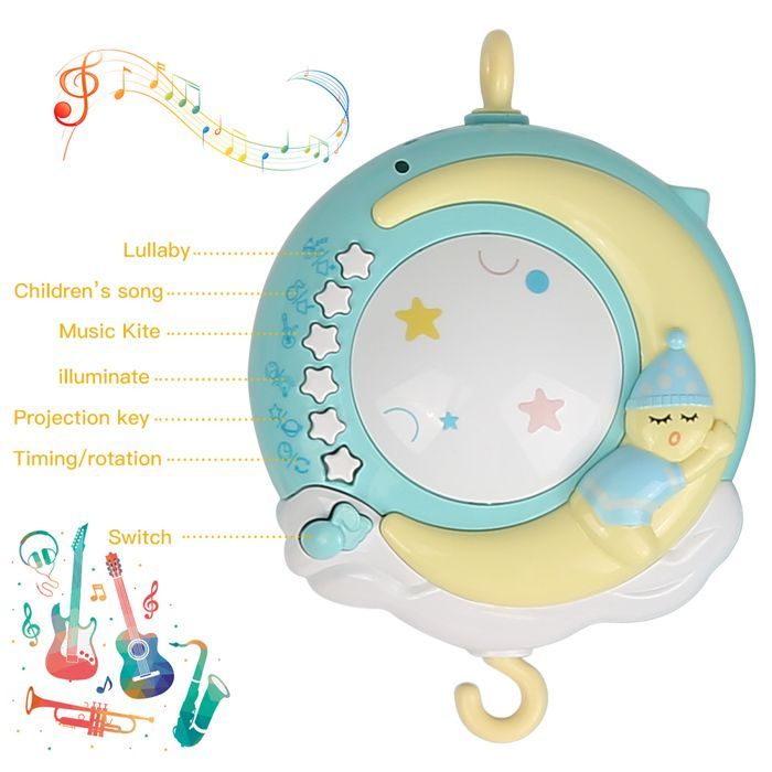 Móvil musical con control remoto para cuna de bebé con proyección de luz, música y sonidos, apto desde el nacimiento.