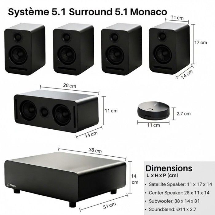 Sistema de cine en casa inalámbrico 5.1 - LANGTU - WiSA THX - Audio de 24 bits 48–96 kHz - ARC/eARC - Negro