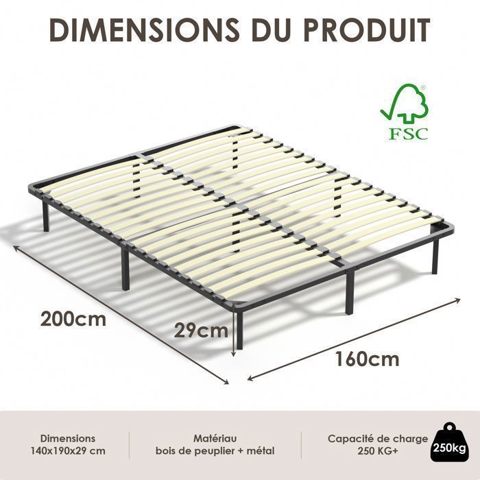 TUNCCO Bettgestell 160 x 200 cm, mit 9 Beinen, 2 x 18 Latten, stabil, schnell und einfach zu montieren, Bodenfreiheit unter dem Bett: 29 cm