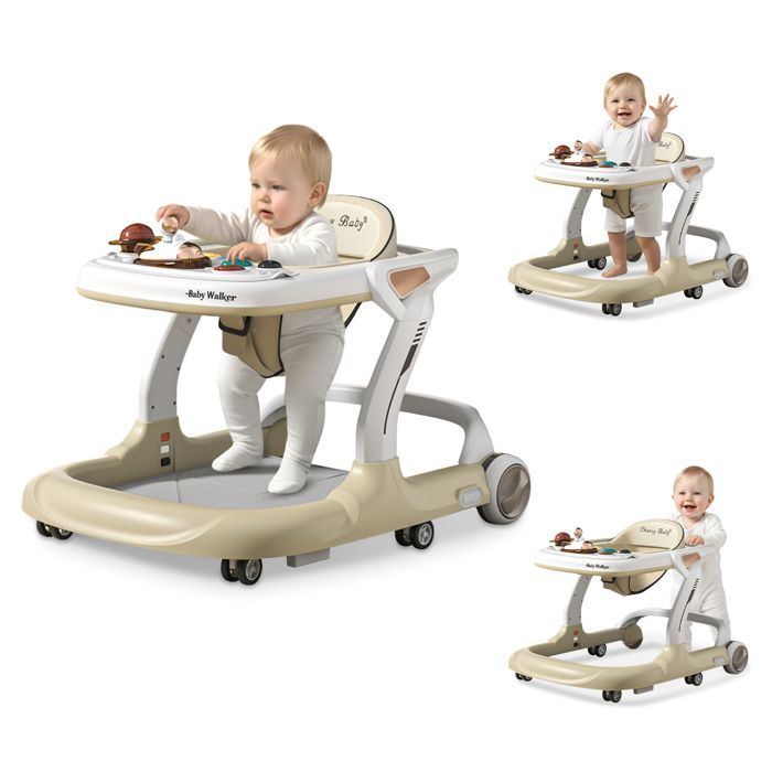 Andador convertible 2 en 1 para bebés - Altura y velocidad ajustables - Bandeja para comida, música Bluetooth, alfombra de juegos, juguete para empujar - 7-18 meses - Beige