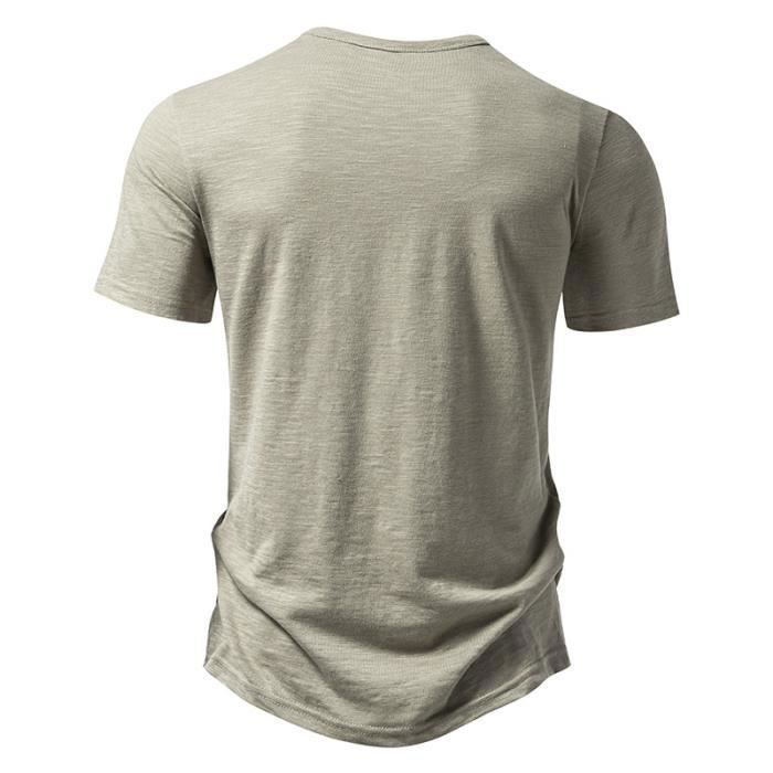 Camiseta Henley de verano para hombre, corte regular, ligera, cuello en V - INSFITY - Caqui