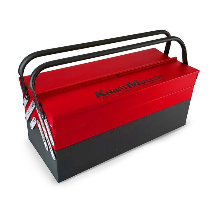 Caja de herramientas metálica ultrarresistente Kraft Müller KM-85PCS ROJA Y NEGRA con 85 herramientas de cromo vanadio, destornilladores y alicates.