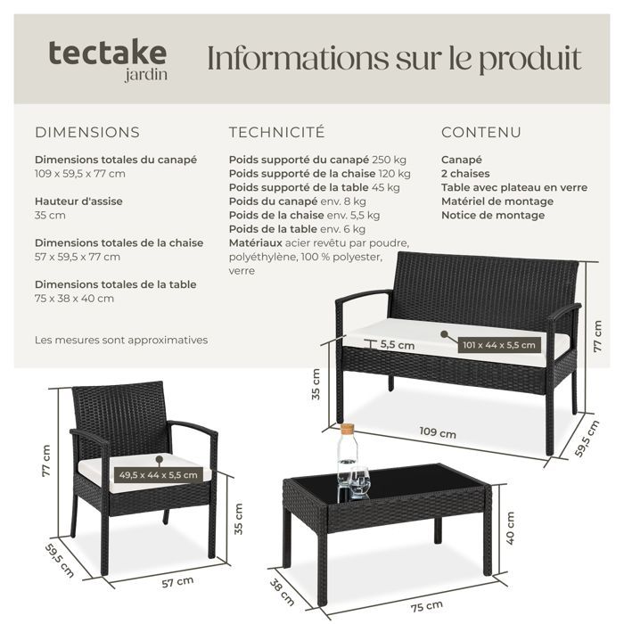 Salon de jardin - TECTAKE - Ensemble bas détente d'extérieur SPARTE avec cadre en aluminium et résistant aux UV - Noir