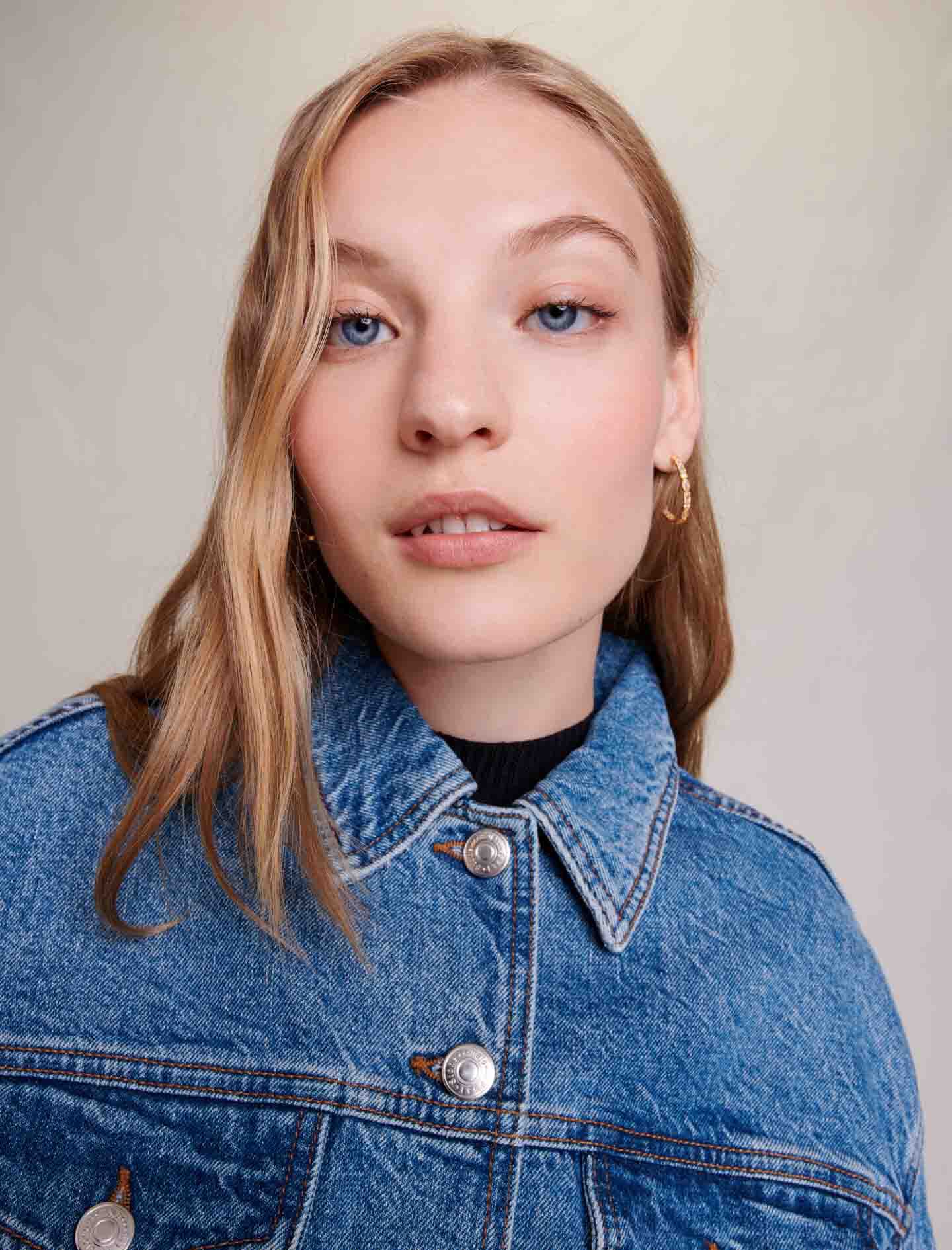 Jachetă din denim cu cravată - Albastră