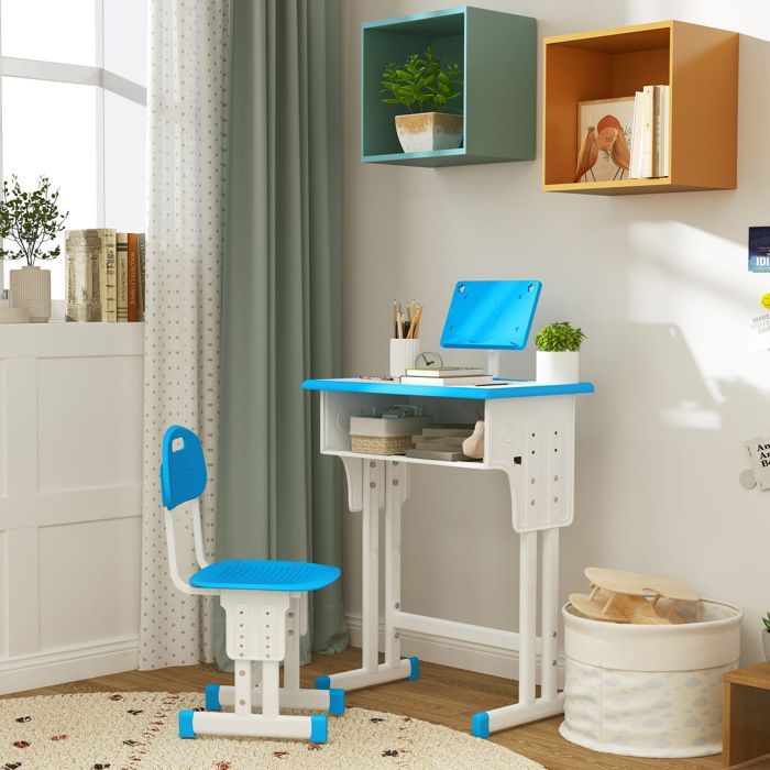 Bureau et chaise pour enfant HOMCOM avec support de lecture casier crochet et porte stylo - hauteur réglable - 60 x 45 x 90-102 cm