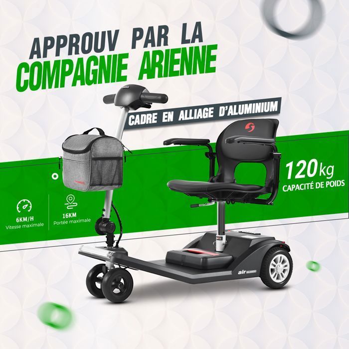 Scooter eléctrico de 4 ruedas AIR CLASSIC, 250 W, asiento giratorio de 360°, autonomía de 20 km, batería de litio de 12 Ah, movilidad para personas con movilidad reducida y personas mayores - Negro