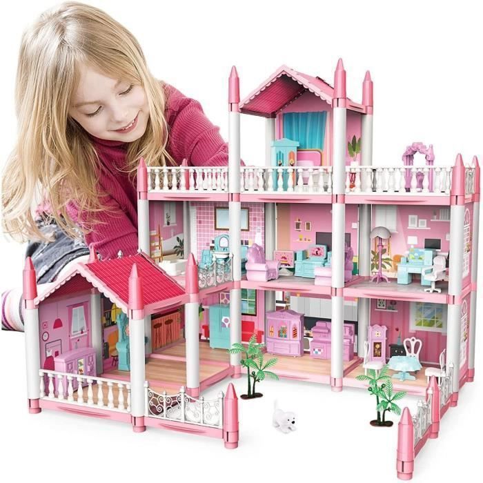 Dollhouse - 4 Floors, 11 Rooms, Pink Building Set, Dollhouse Accessories and Furniture, Gift for