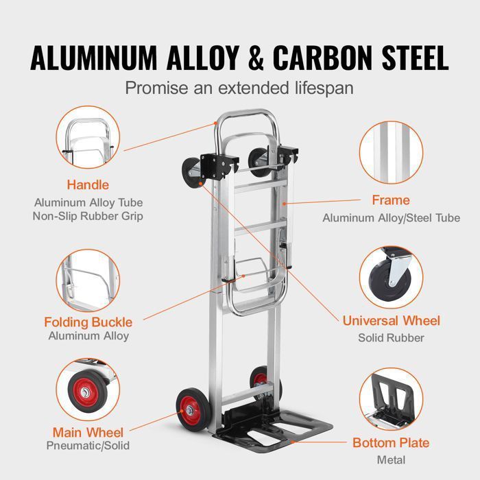 Carretilla de mano de aluminio 2 en 1 - DUOKU - Capacidad de 181 kg - Plegable - Ruedas de goma - Asa antideslizante