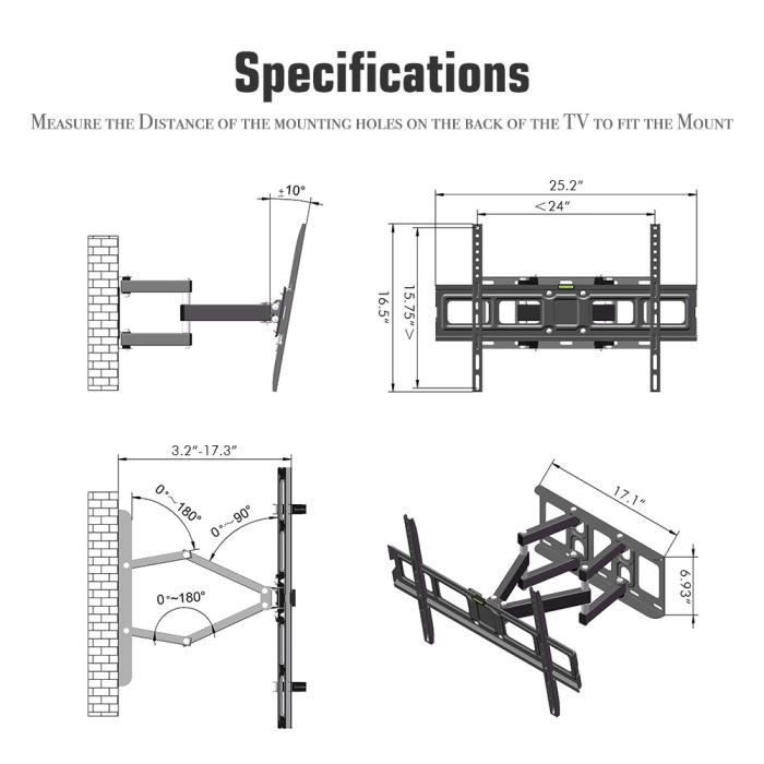 Supporto da parete 3D a doppio braccio inclinabile e girevole per TV, 600x400 mm, da 32