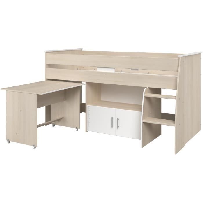 Cama infantil combinada Parisot ZOLA de 90x200 cm - 2 puertas - Con escritorio - Acabado en madera de acacia clara y blanco