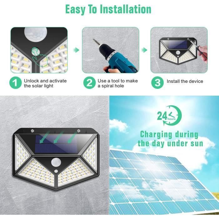 Paquete de 2 luces solares para exteriores, 100 LED, 1200 mAh, resistentes a la lluvia, ángulo de haz de 120°, alimentadas por energía solar, sensor de movimiento.