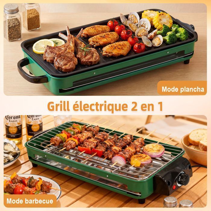 Plancha électrique Multifonction avec Thermostat Réglable, Lèchefrite, Plaque antiadhésive et Grille BBQ Métallique - 46*22cm