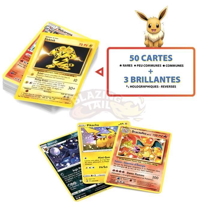Lote de 53 cartas Pokémon oficiales francesas, NUEVAS - 3 BRILLANTES | 3 RARAS - Sin duplicados