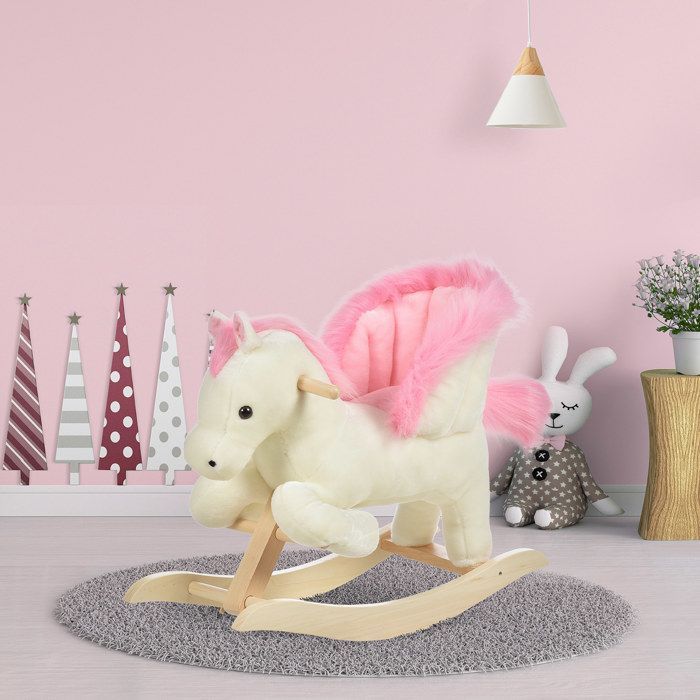 Schaukelpferd – HOMCOM – mit Musikfunktion, weichem Plüschsattel für Kinder von 18–36 Monaten – Holz – 70 x 28 x 57 cm – Rosa