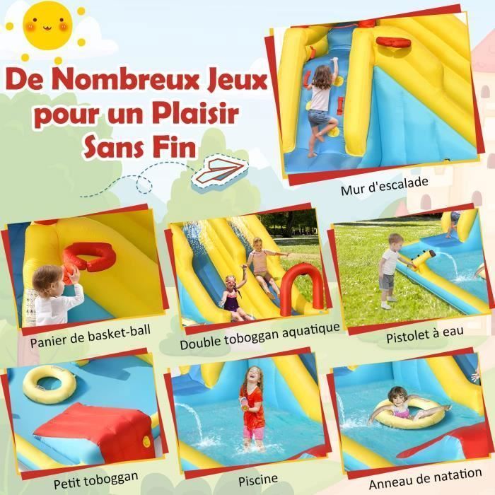 DREAMADE 7 en 1 Château Gonflable Enfant, Aire de Jeux avec Ventilateur 680W, Double Toboggans, Piscine, Canon à Eau, Mur