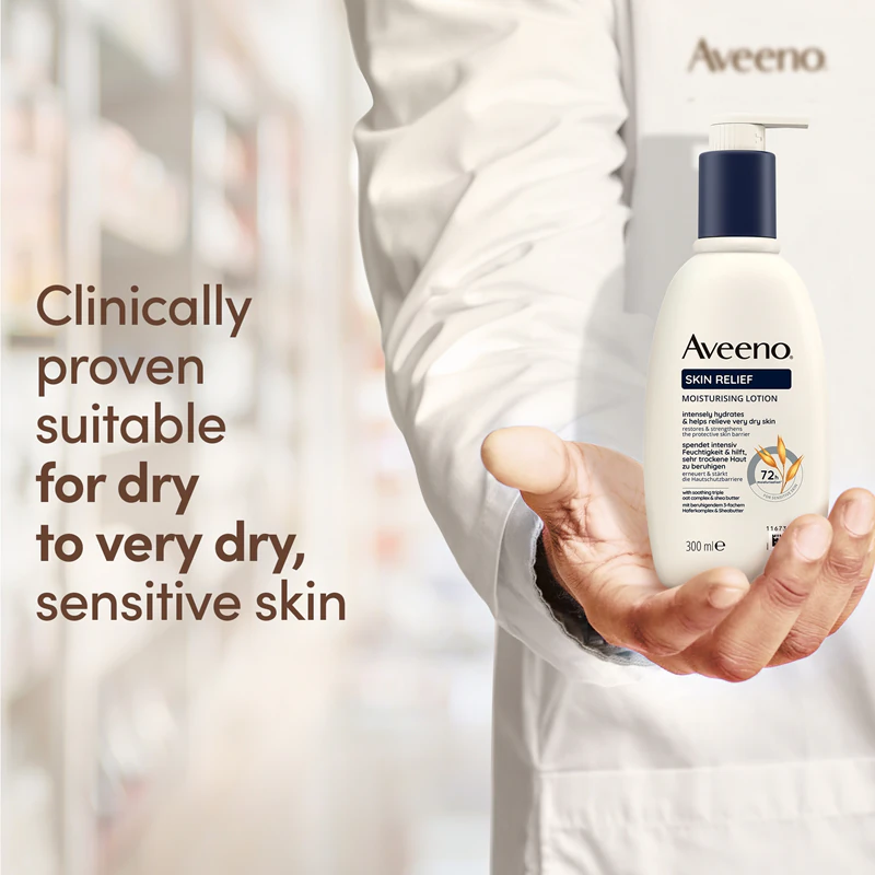 Loção hidratante corporal nutritiva Aveeno Skin Relief para pele muito seca.