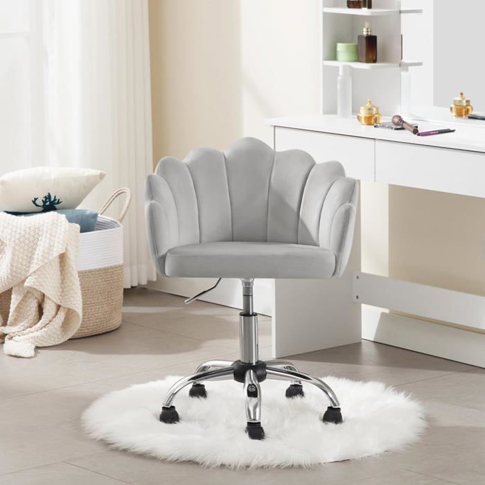 Silla de oficina giratoria WOLTU de terciopelo, silla de vestir con respaldo de pétalos, altura ajustable, gris claro W0ATT0398