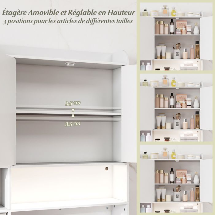 Armario para inodoro COSTWAY con iluminación LED, 2 puertas y 6 compartimentos abiertos, portarrollos de papel higiénico, estante ajustable, color gris.