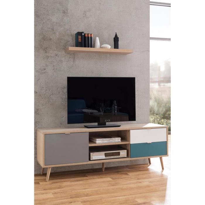 CUBA Scandinavisch tv-meubel - Eikenhout, grijs, wit en petrolblauw - 1 deur - B 150 x D 40 x H 51 cm