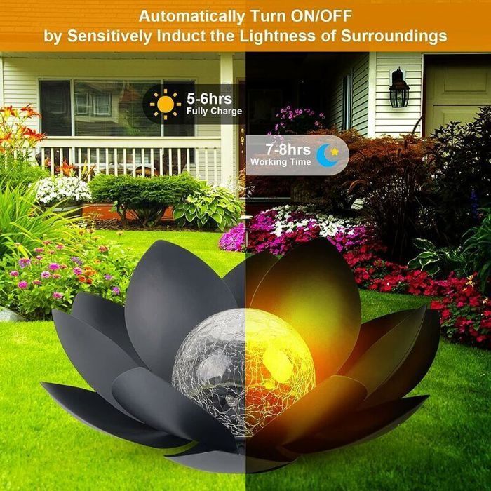 Solar-Gartenleuchten für den Außenbereich, Lotus-Dekoration aus bernsteinfarbenem, rissigem Glas, LED-Blumenleuchten aus undurchlässigem Metall