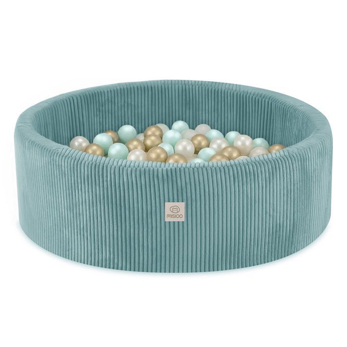 MISIOO Ronde Corduroy Ballenbak voor Baby- en Kinderkamer, Blauw, 90x30 cm, 200 Ballen: Mint/Goud/Parelwit