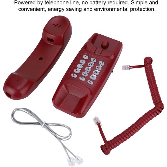 Telefone com fio de parede FEBEST - Vermelho - Rediscagem do último número - Função Flash - Função Mudo