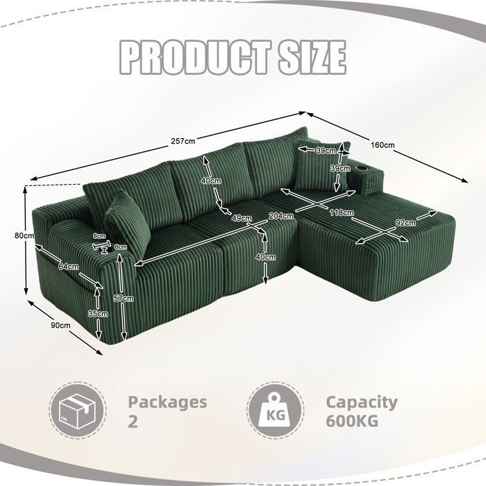 Sofá esquinero modular reversible de 3 plazas, sofá seccional para sala de estar con almacenamiento y portavasos, color esmeralda (no requiere montaje).