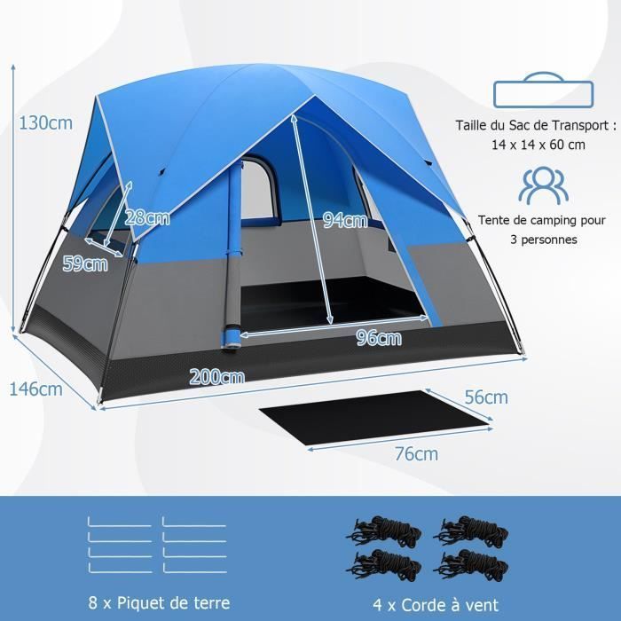 Tienda de campaña portátil COSTWAY para 3 personas - Suelo - Techo doble desmontable - Poliéster impermeable - Varillas de fibra de vidrio