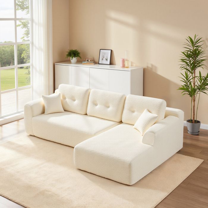 Divano angolare fisso VASAGLE, divano a 3 posti, non richiede montaggio, ampia chaise longue a destra, per soggiorno o camera da letto, bianco