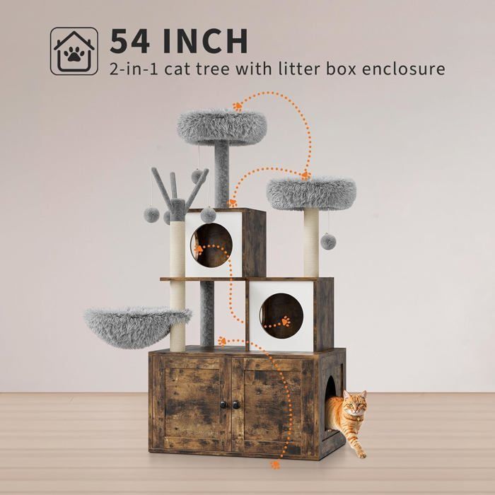 Árbol para gatos con arenero, unidad de baño de madera para gatos con torre, poste rascador, percha y plataformas - Marrón