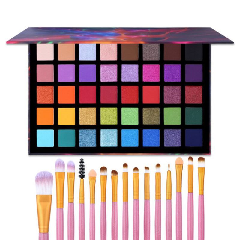 Paleta de Sombras Spotlight com 15 Pincéis de Maquiagem - Sombra Metálica Brilhante e Pigmentada em Pó
