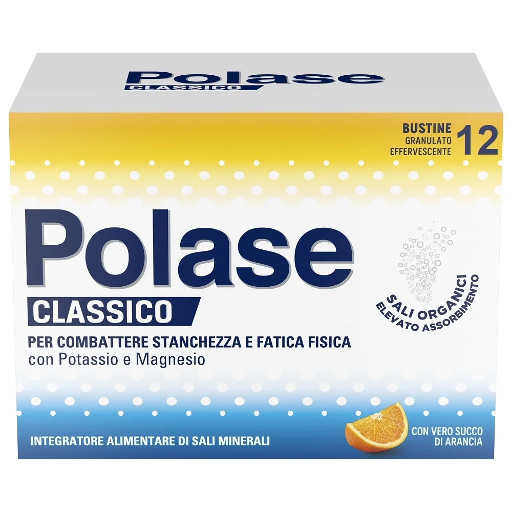 POLASE Polase Classic, complemento alimenticio mineral con magnesio y potasio, sabor a naranja, 12 sobres, sin gluten.
