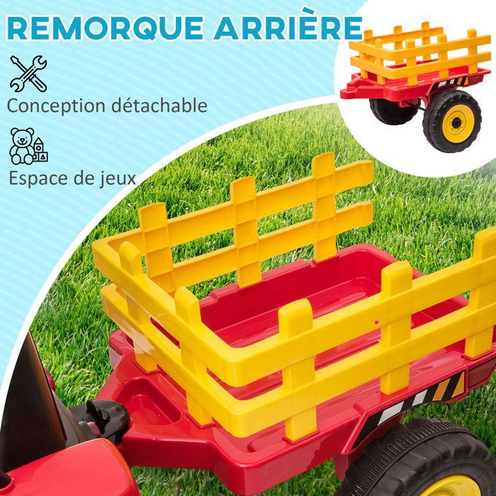 Electric Tractor - HOMCOM - with detachable trailer - with remote control, MP3 music player, display, and lights - for children aged 3-6 years - red