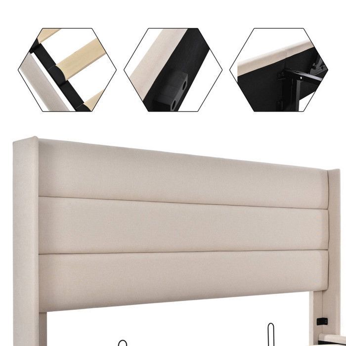 Lit coffre 180x200cm Tissu en lin avec sommier à lattes métal,Lit double hydraulique avec Espace de rangement,Beige