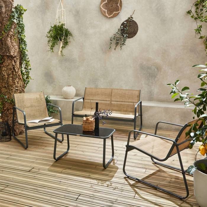 Set di mobili da giardino in metallo e textilene per 4 persone. Antracite e naturale. Design