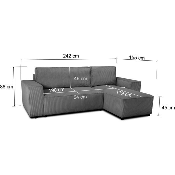 Reversible corner sofa bed - 4-seater - JOSH - Corduroy fabric - Anthracite - Storage compartment - 242 x 155 x 86 cm