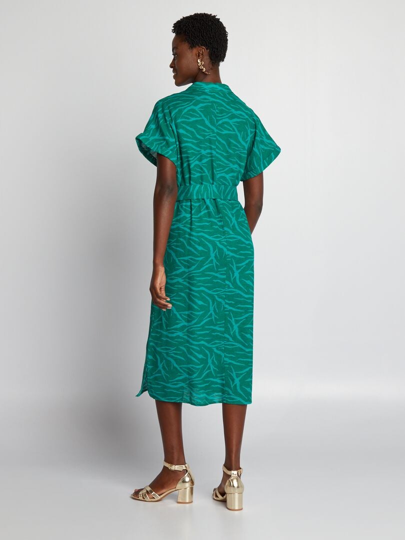 Linnen midi-jurk met riem - GROEN