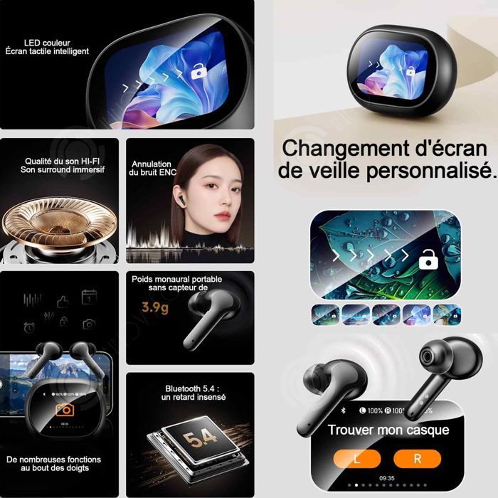 Auriculares inalámbricos Bluetooth INN con pantalla táctil LED a color inteligente, calidad de sonido Hi-Fi y sonido envolvente inmersivo.