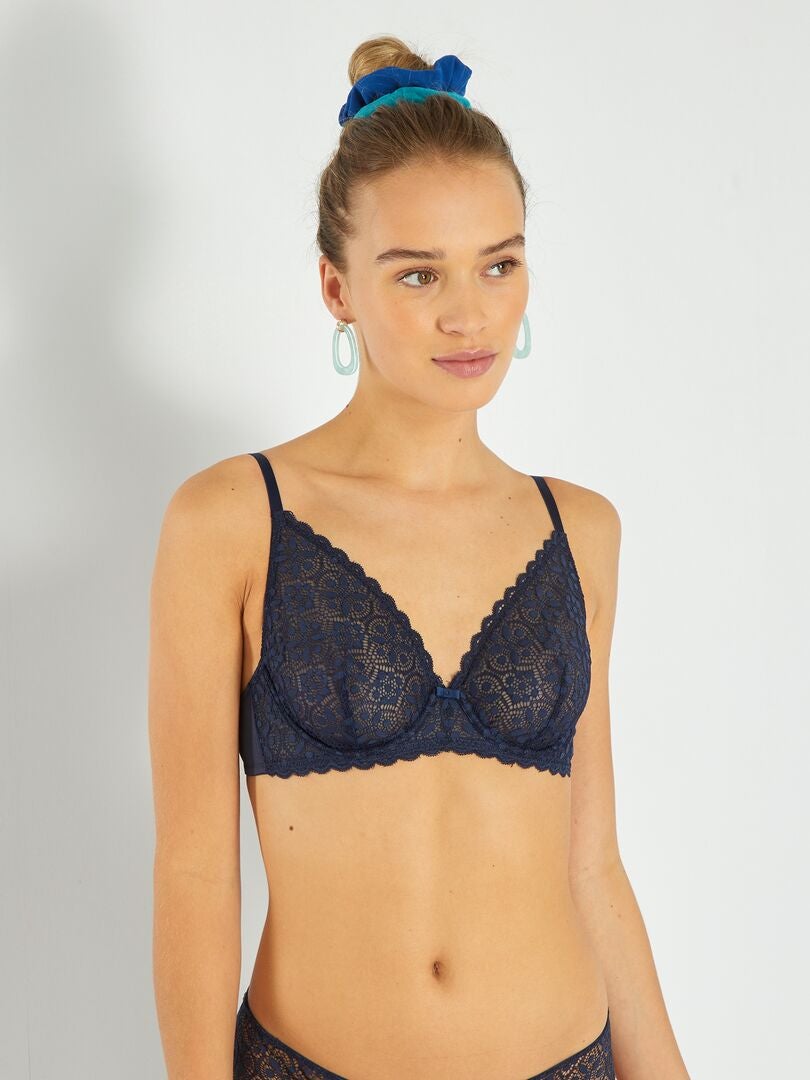 Sutiã balconette de renda - azul e preto
