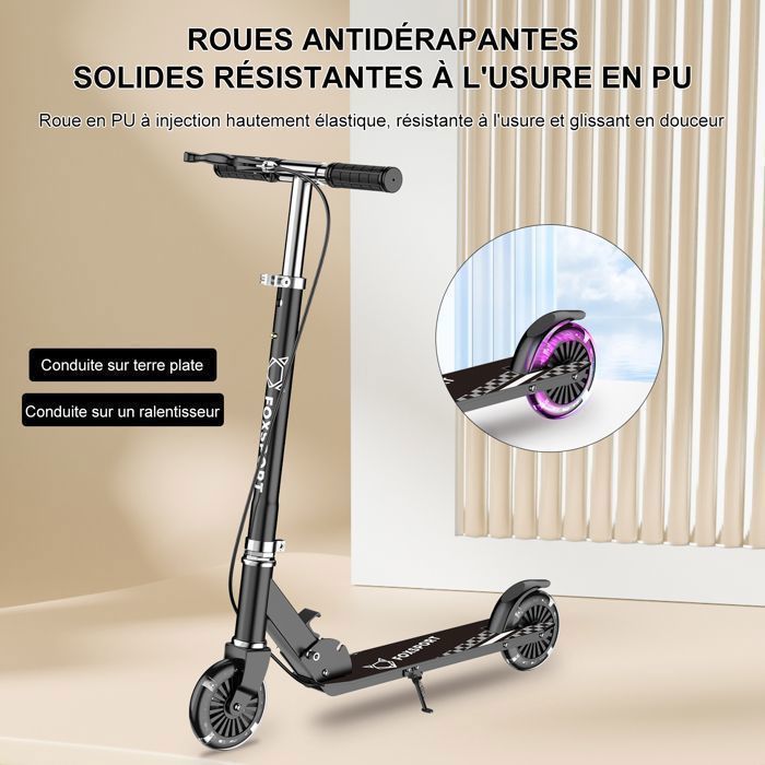 Trottinette Enfants - FOXSPORT - Réglable en Hauteur - Frein à main - Guidon Ajustable de 3 Niveaux - Pliable - Charge 100KG - Noir
